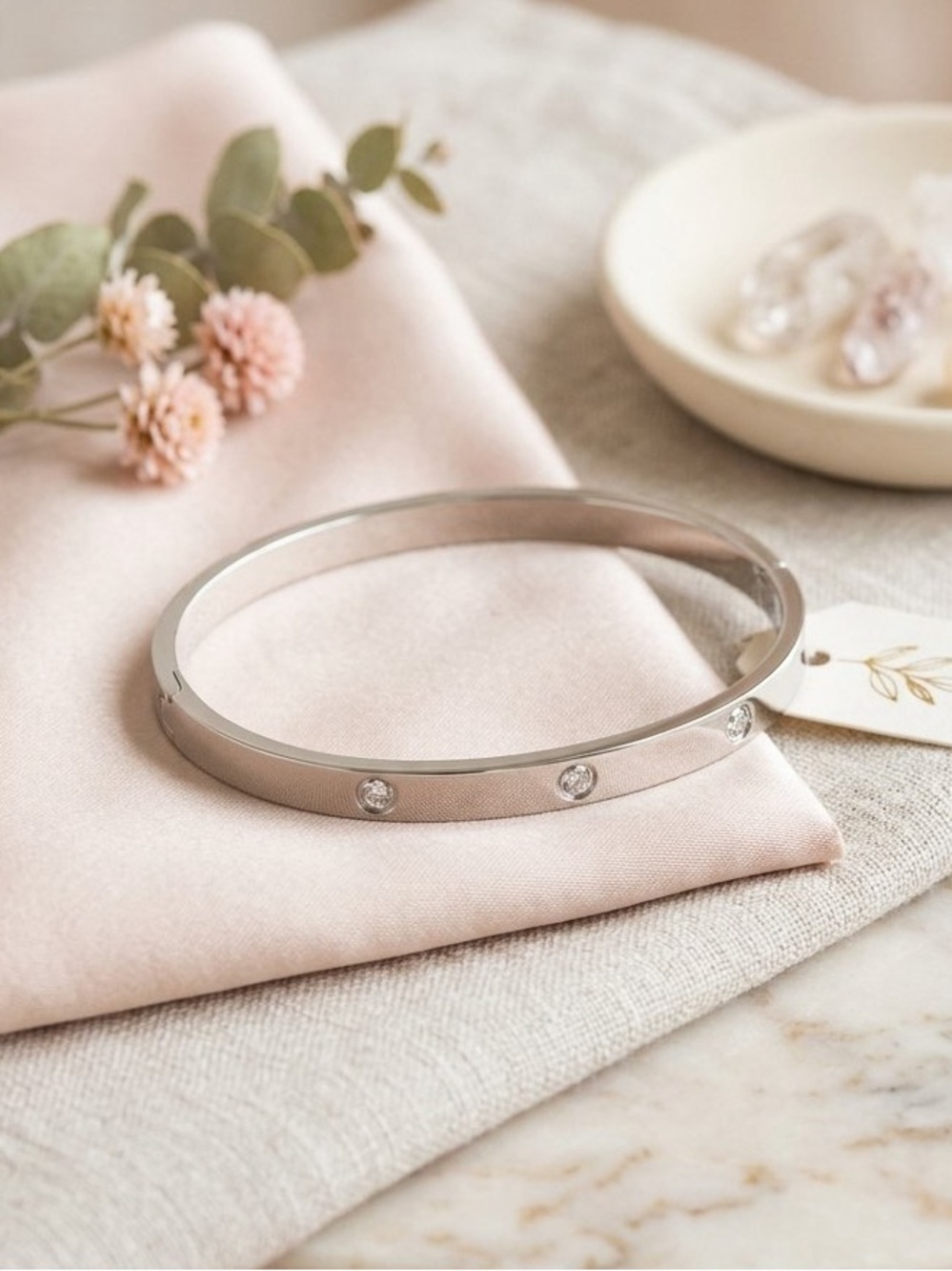 Silver Stainless Steel Screw Motif Bangle • Crystal Accents 7.5”